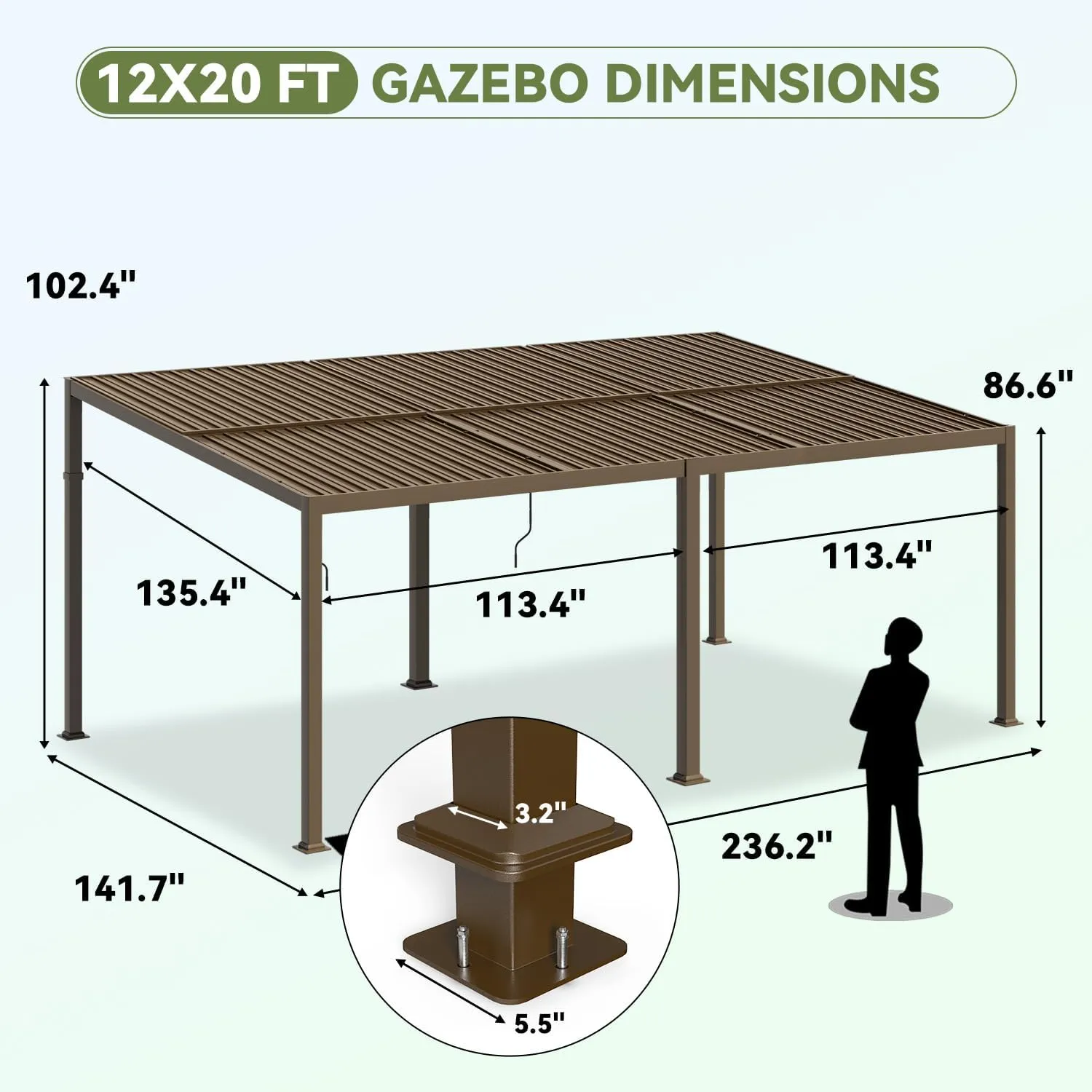 MELLCOM Gazebo 12x20 with Adjustable Galvanized Steel Roofs, All Aluminum Frame Permanent Pergola for Patio, Outdoor Freestanding Shelter, Dark Brown