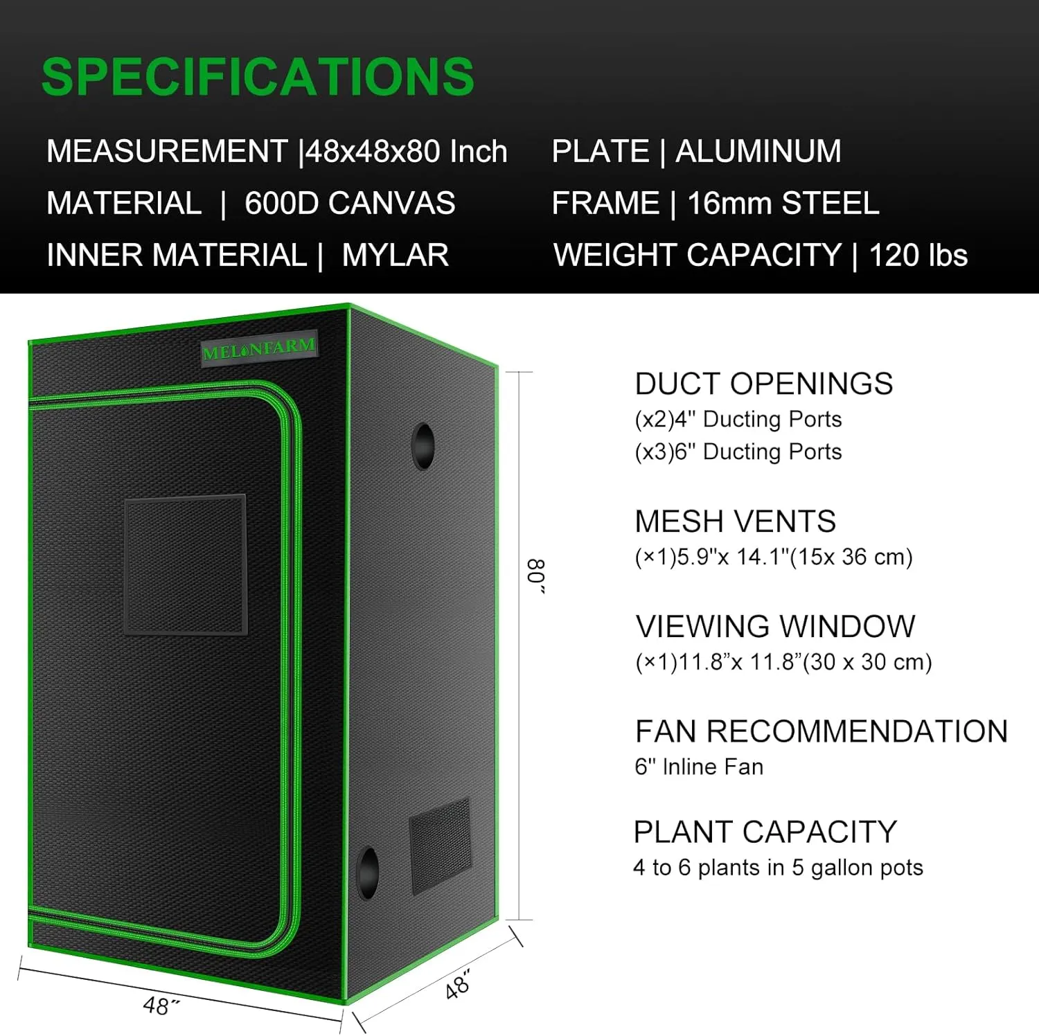 MELONFARM 4x4 Grow Tent, 48"x48"x80'' High Reflective 600D Diamond Mylar Canvas with Observation Window and Floor Tray for Hydroponic Indoor Plant Growing