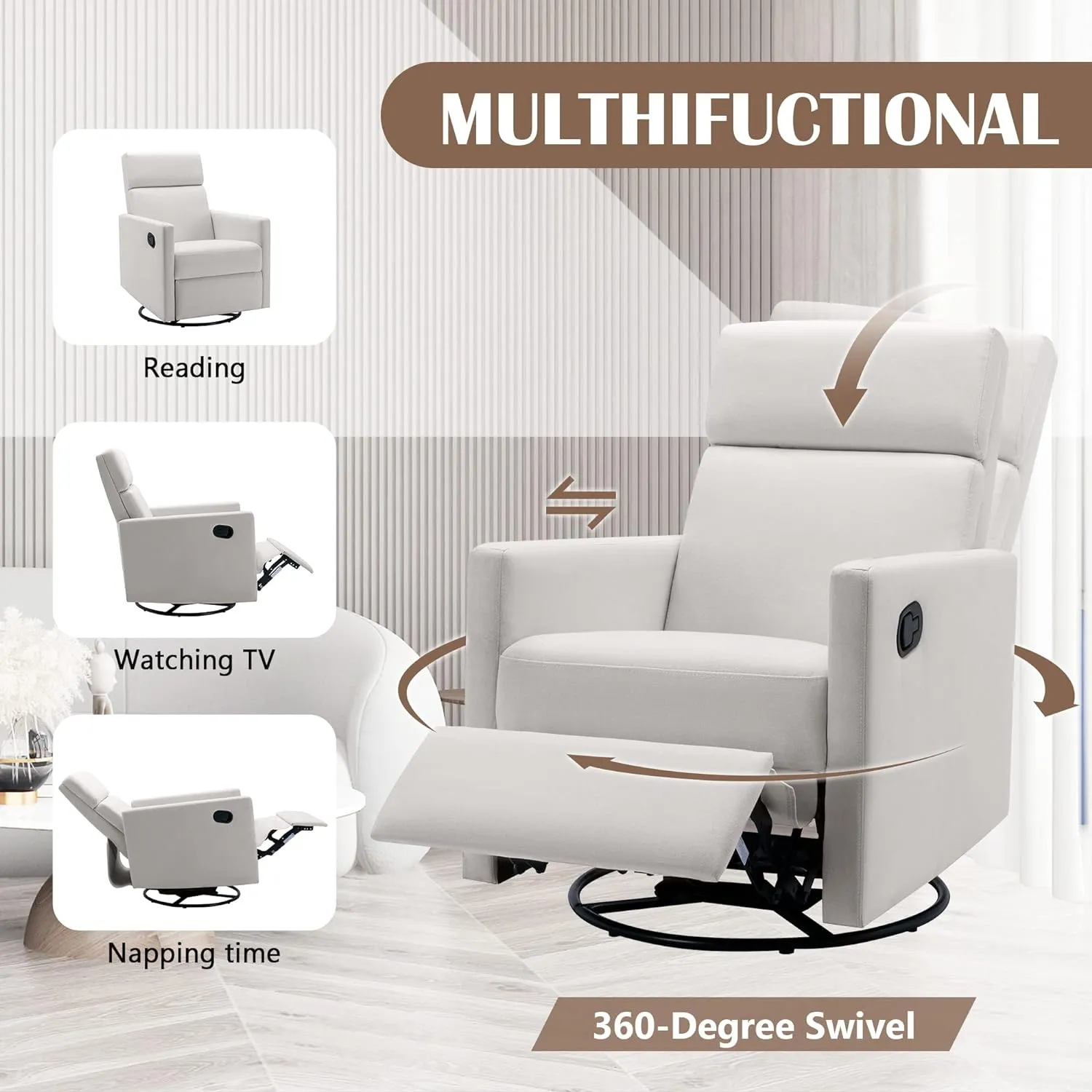 Merax Modern Upholstered Recliner Chair with Thick Seat Cushion and Backrest Swiel Accent Armchair for Living Room, Bedroom, Home Office Beige