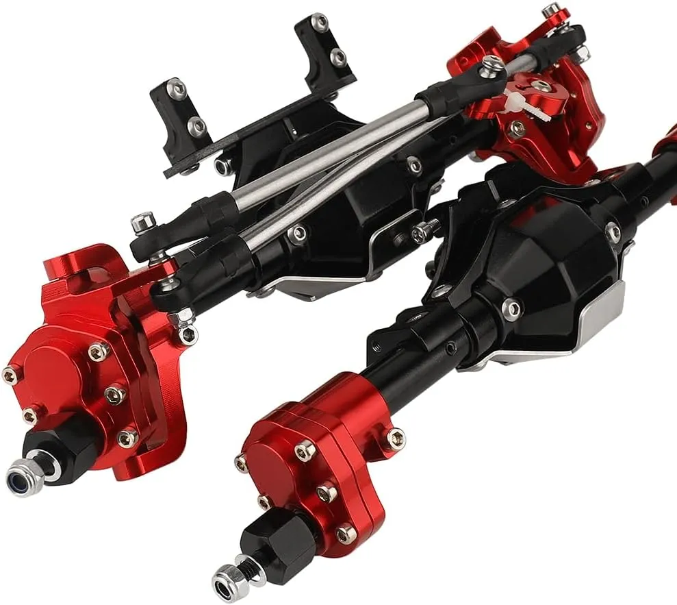 Metal CNC Front Middle Rear Complete Portal Axle with Gear for 1/10 RC Crawler Axial SCX10 II Deadbolt 90046 90047 4x4 6x6 Upgrade Parts (red-Black Front  Rear)