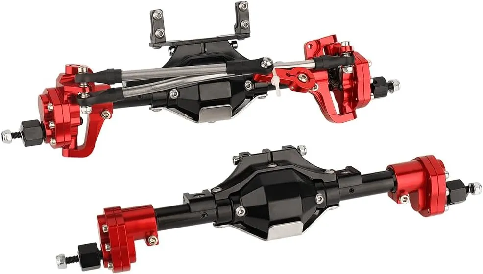 Metal CNC Front Middle Rear Complete Portal Axle with Gear for 1/10 RC Crawler Axial SCX10 II Deadbolt 90046 90047 4x4 6x6 Upgrade Parts (red-Black Front  Rear)