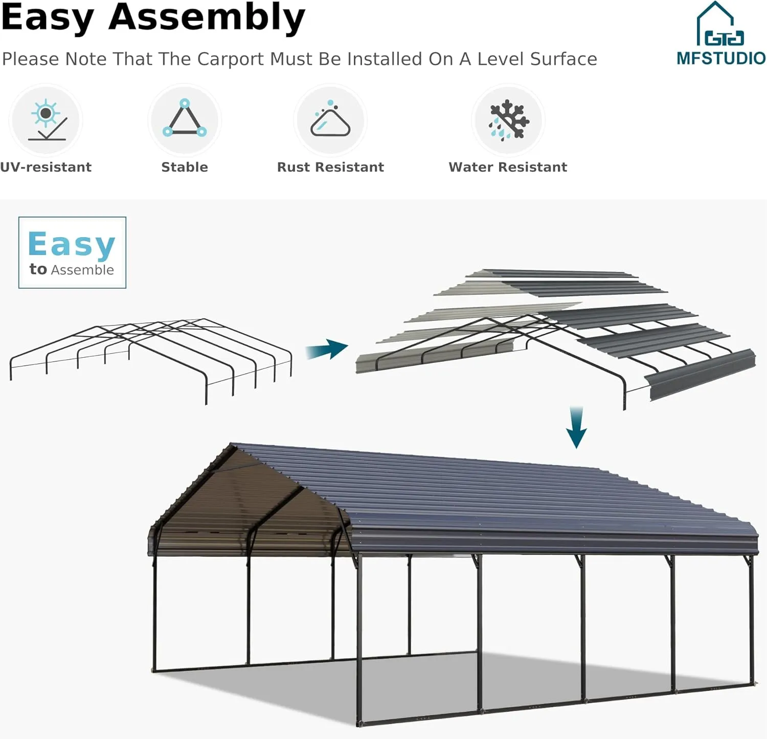 MFSTUDIO Carport 20x20 ft, Outdoor Heavy Duty Carports with Sidewalls, Metal Shed Canopy Shelters Garage Shelter Shade Car Ports with Galvanized Roof for 2 Cars, Truck and Boats