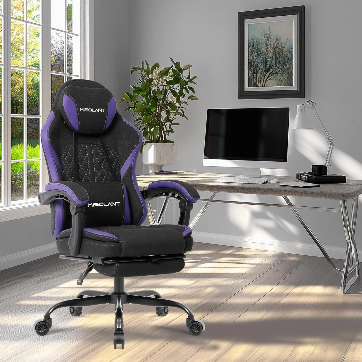 Misolant Gaming Chair, Fabric Gamer Chair with footrest for Adults, High Back Ergonomic Computer Game Chair with Adjustable Headrest and Massage Lumbar Support, 90-155° Recline Free, Purple