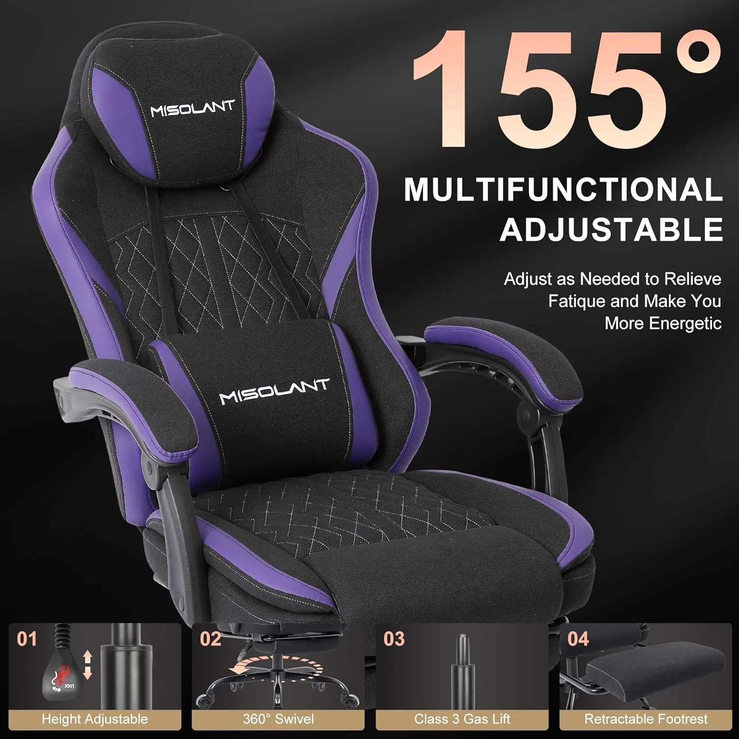 Misolant Gaming Chair, Fabric Gamer Chair with footrest for Adults, High Back Ergonomic Computer Game Chair with Adjustable Headrest and Massage Lumbar Support, 90-155° Recline Free, Purple
