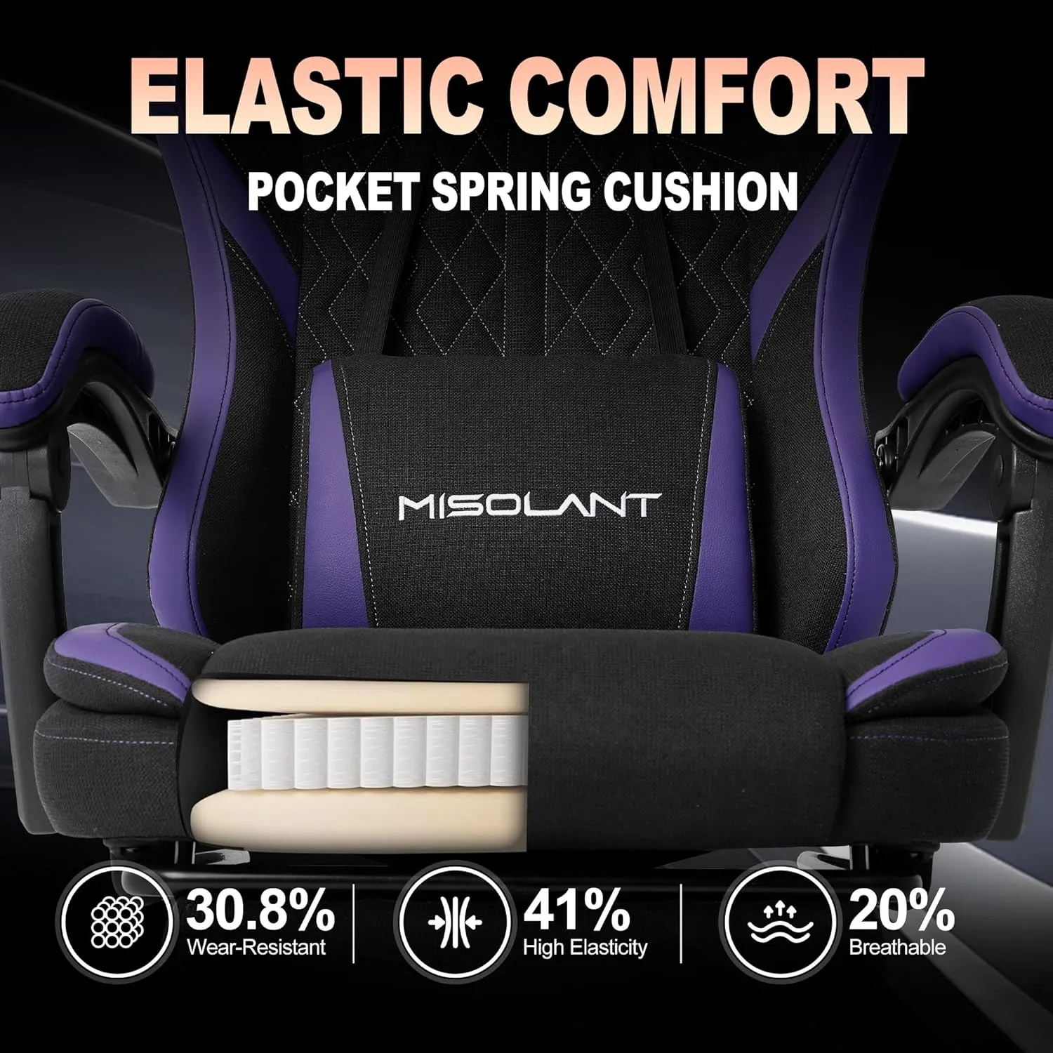 Misolant Gaming Chair, Fabric Gamer Chair with footrest for Adults, High Back Ergonomic Computer Game Chair with Adjustable Headrest and Massage Lumbar Support, 90-155° Recline Free, Purple