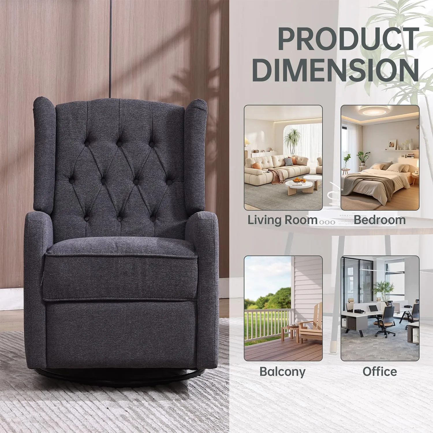 Modern Living Room Lounge Reclining Chair，360 Degree Swivel Linen Upholstered Glider Rocker Recliner, Manual Adjustable Armchair with Footrest Pedal for Bedroom Office Home Theater Seat (Dark Gray)