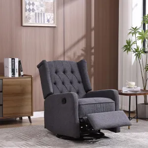 Modern Living Room Lounge Reclining Chair，360 Degree Swivel Linen Upholstered Glider Rocker Recliner, Manual Adjustable Armchair with Footrest Pedal for Bedroom Office Home Theater Seat (Dark Gray)