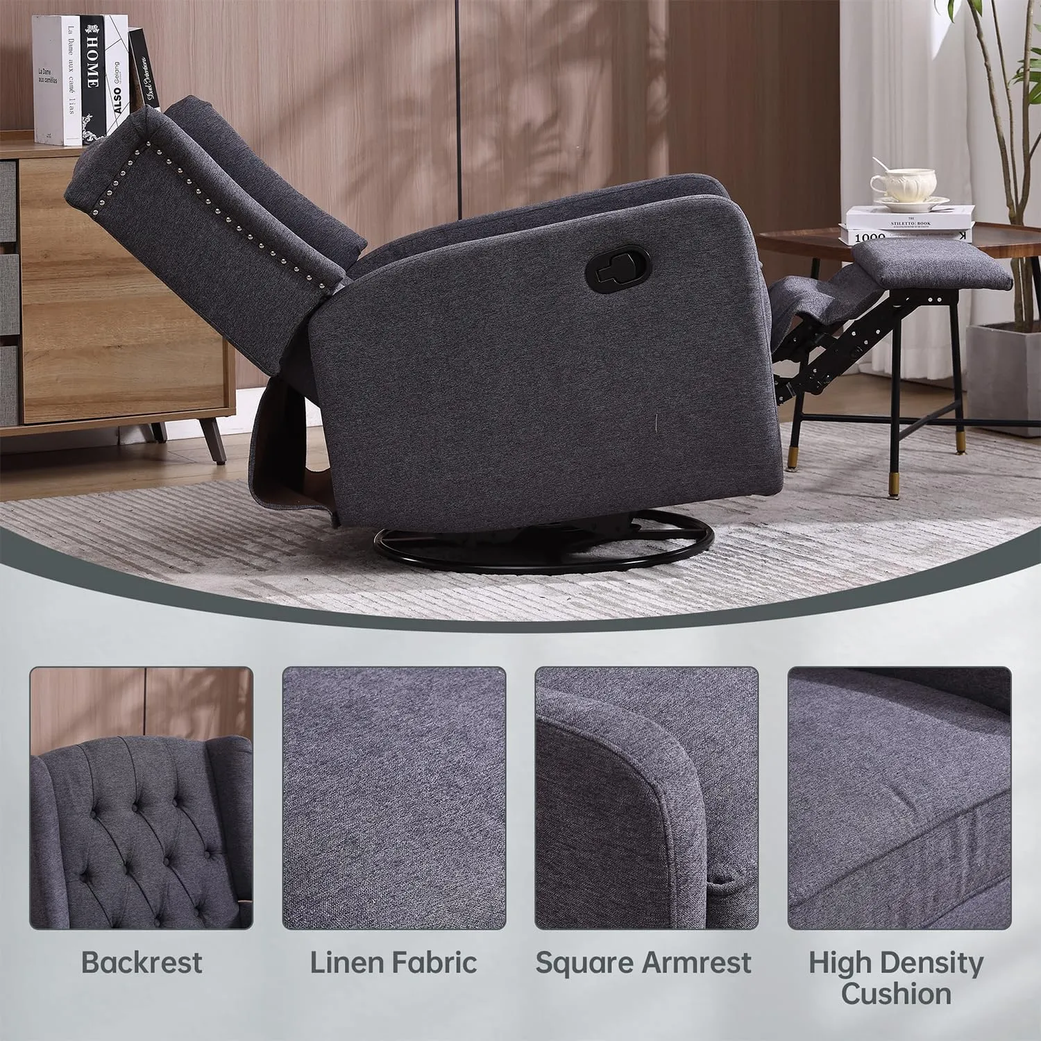 Modern Living Room Lounge Reclining Chair，360 Degree Swivel Linen Upholstered Glider Rocker Recliner, Manual Adjustable Armchair with Footrest Pedal for Bedroom Office Home Theater Seat (Dark Gray)