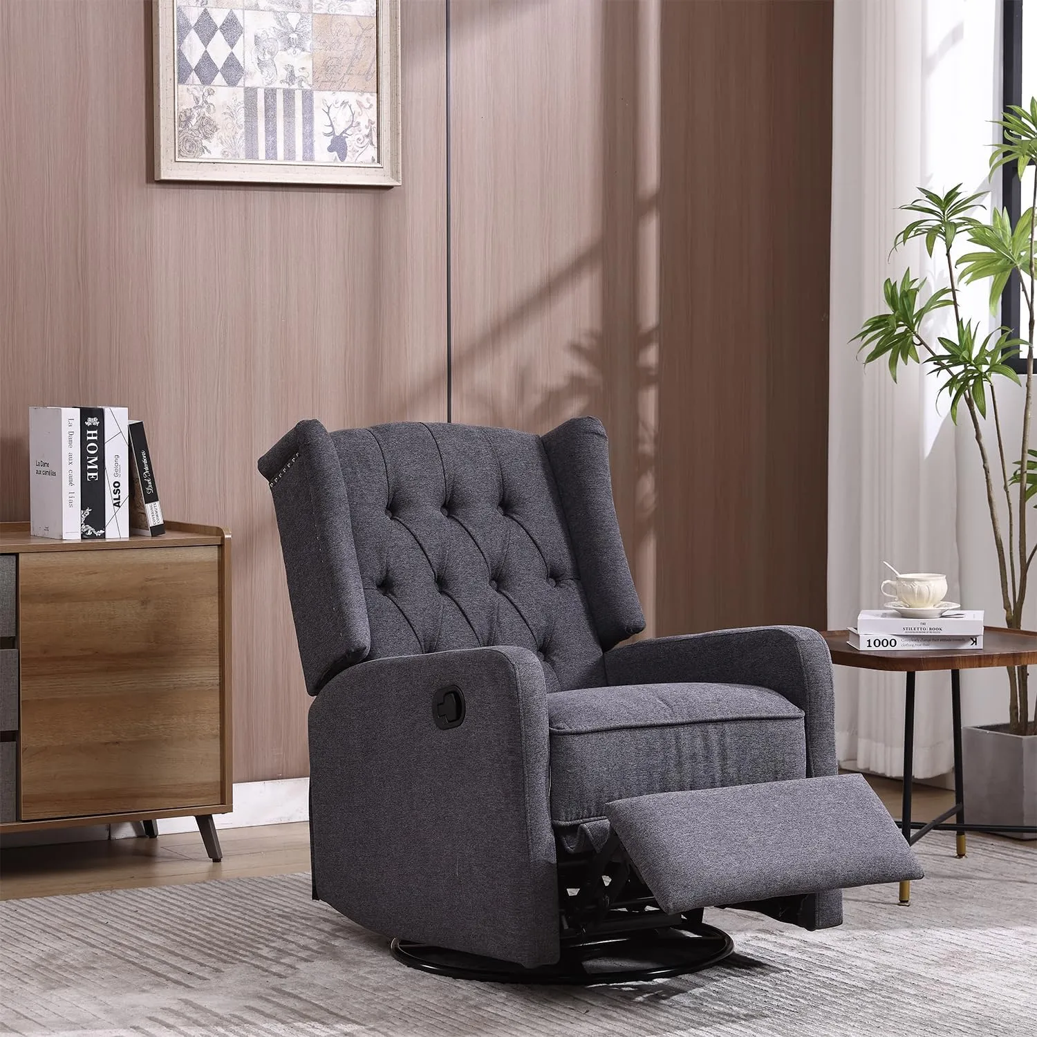 Modern Living Room Lounge Reclining Chair，360 Degree Swivel Linen Upholstered Glider Rocker Recliner, Manual Adjustable Armchair with Footrest Pedal for Bedroom Office Home Theater Seat (Dark Gray)