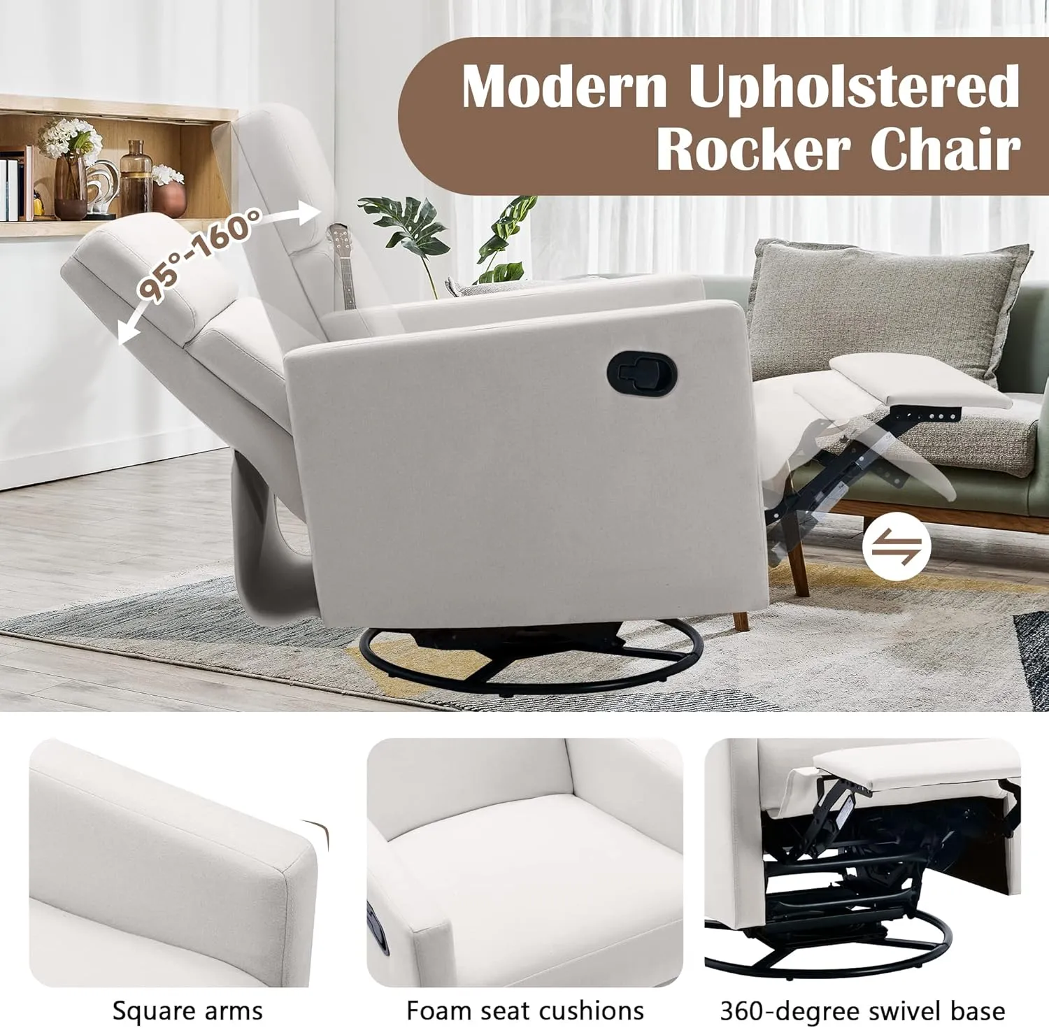Modern Mid Century Upholstered Recliner Chair with Thick Seat Cushion and Backrest Wood Accent Armchair for Living Room, Bedroom, Home Office Beige