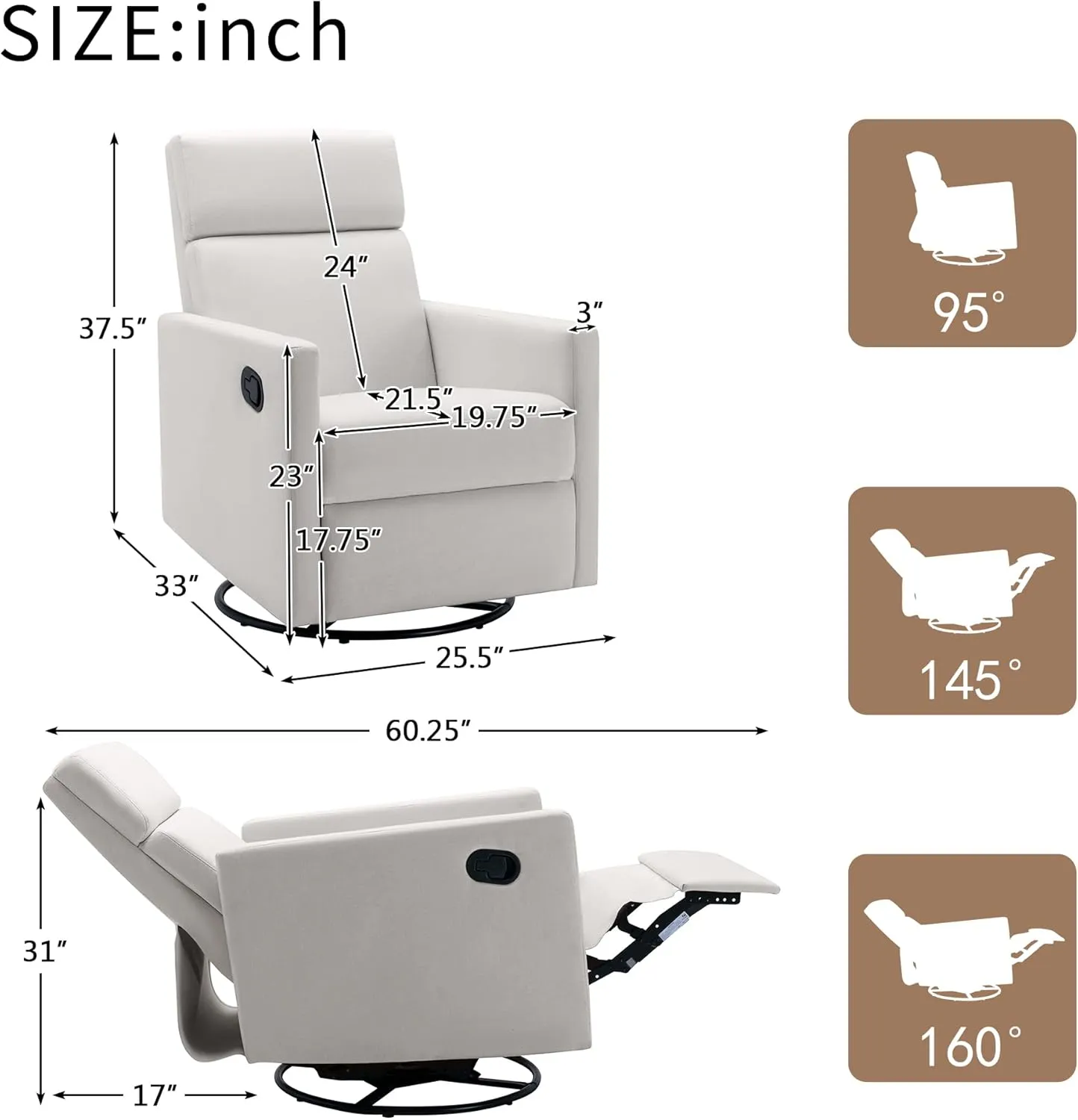 Modern Mid Century Upholstered Recliner Chair with Thick Seat Cushion and Backrest Wood Accent Armchair for Living Room, Bedroom, Home Office Beige