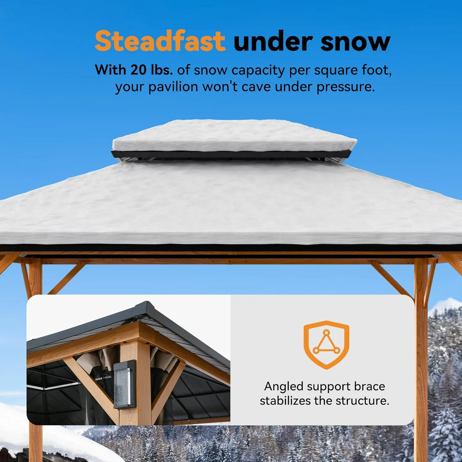 Modern Shade The Horizon Permanent Hardtop Gazebo 10' x 12' w/ 4 LED Lights, Outdoor Gazebo w/Galvanized Steel Double Roof, Patio Pavilion w/Decor Hooks, Mosquito Nettings, Wood-Looking