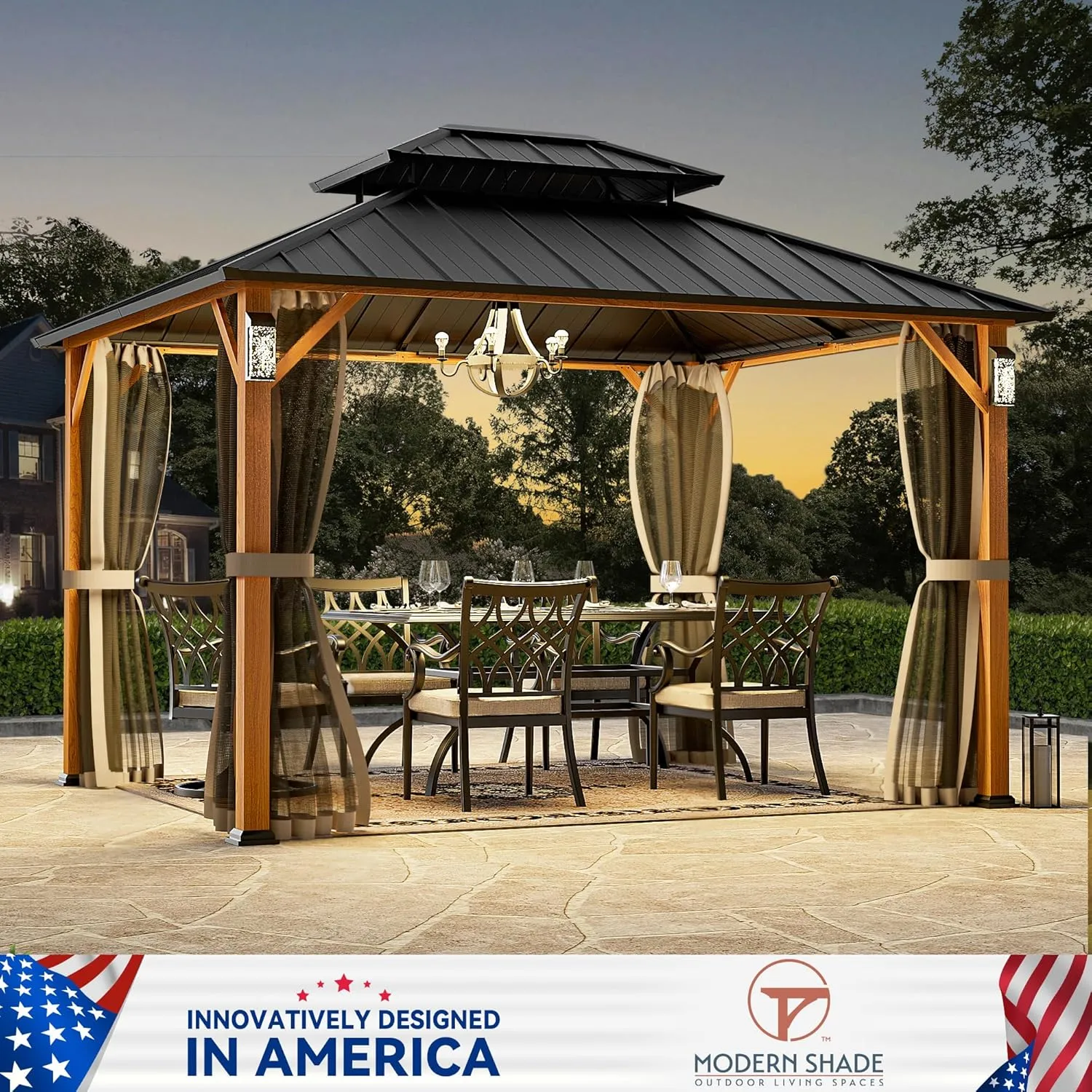 Modern Shade The Horizon Permanent Hardtop Gazebo 10' x 12' w/ 4 LED Lights, Outdoor Gazebo w/Galvanized Steel Double Roof, Patio Pavilion w/Decor Hooks, Mosquito Nettings, Wood-Looking
