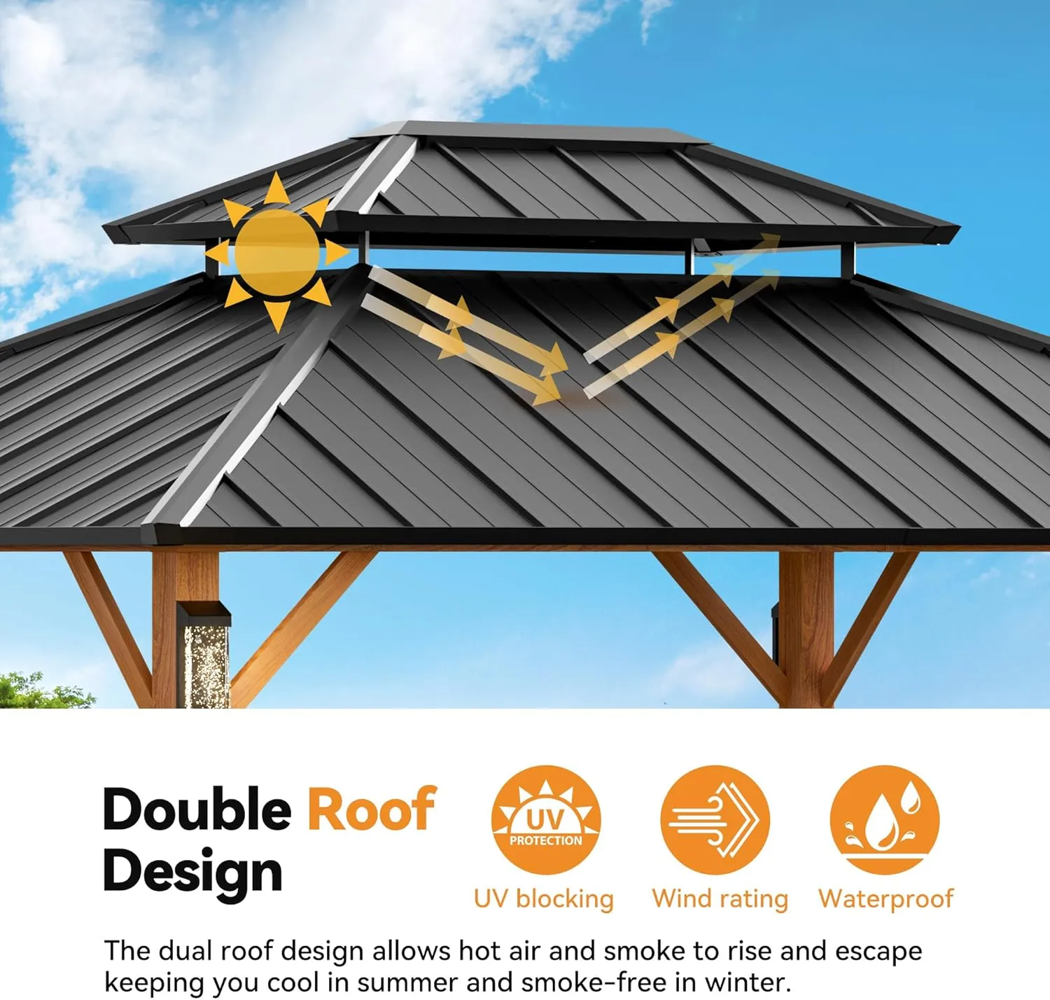 Modern Shade The Horizon Permanent Hardtop Gazebo 10' x 12' w/ 4 LED Lights, Outdoor Gazebo w/Galvanized Steel Double Roof, Patio Pavilion w/Decor Hooks, Mosquito Nettings, Wood-Looking