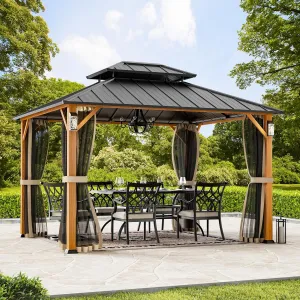 Modern Shade The Horizon Permanent Hardtop Gazebo 10' x 12' w/ 4 LED Lights, Outdoor Gazebo w/Galvanized Steel Double Roof, Patio Pavilion w/Decor Hooks, Mosquito Nettings, Wood-Looking