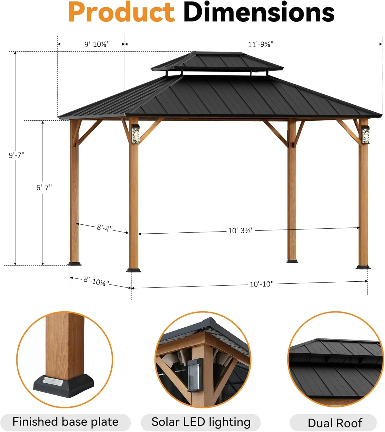 Modern Shade The Horizon Permanent Hardtop Gazebo 10' x 12' w/ 4 LED Lights, Outdoor Gazebo w/Galvanized Steel Double Roof, Patio Pavilion w/Decor Hooks, Mosquito Nettings, Wood-Looking