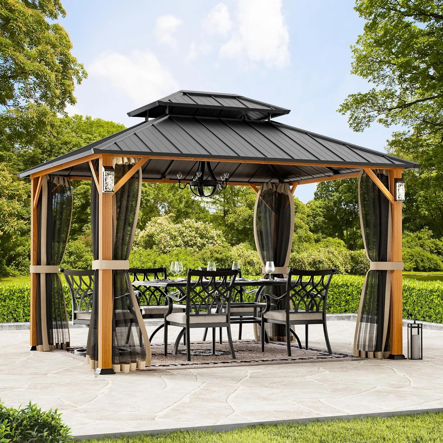 Modern Shade The Horizon Permanent Hardtop Gazebo 10' x 12' w/ 4 LED Lights, Outdoor Gazebo w/Galvanized Steel Double Roof, Patio Pavilion w/Decor Hooks, Mosquito Nettings, Wood-Looking