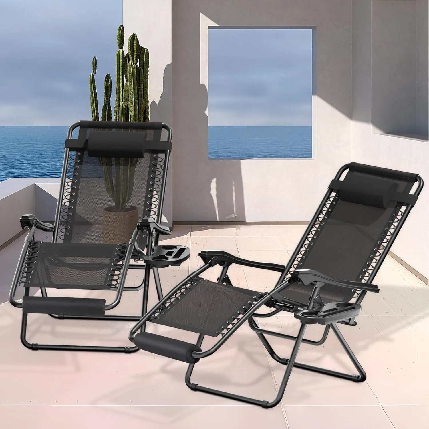 MoNiBloom 25-Inch Zero Gravity Chairs Set of 2, Patio Anti Gravity Recliner, Foldable Outdoor Lounger with Cup Holder Tray, Headrest and Footrest for Beach Camping, Black