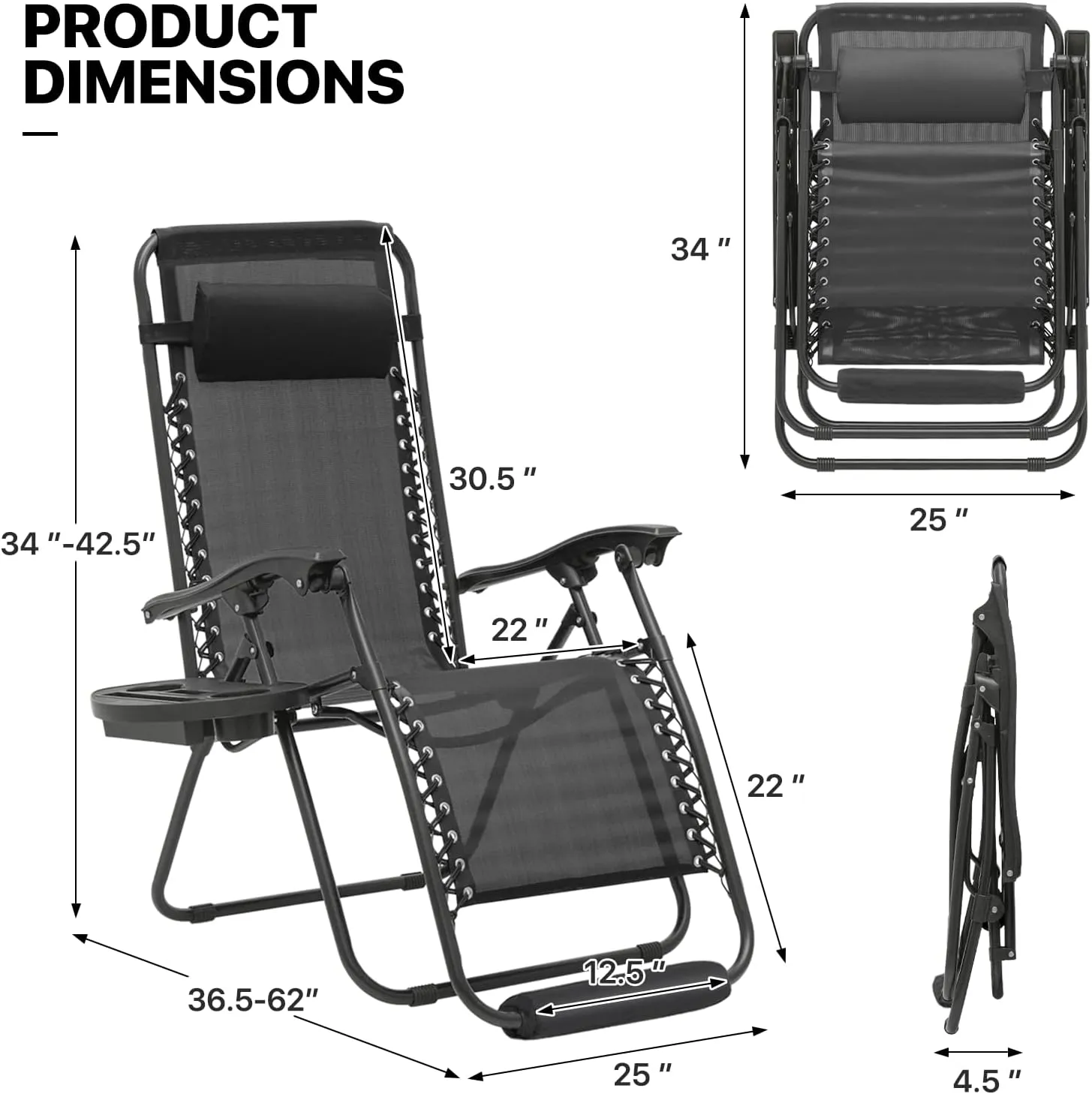 MoNiBloom 25-Inch Zero Gravity Chairs Set of 2, Patio Anti Gravity Recliner, Foldable Outdoor Lounger with Cup Holder Tray, Headrest and Footrest for Beach Camping, Black