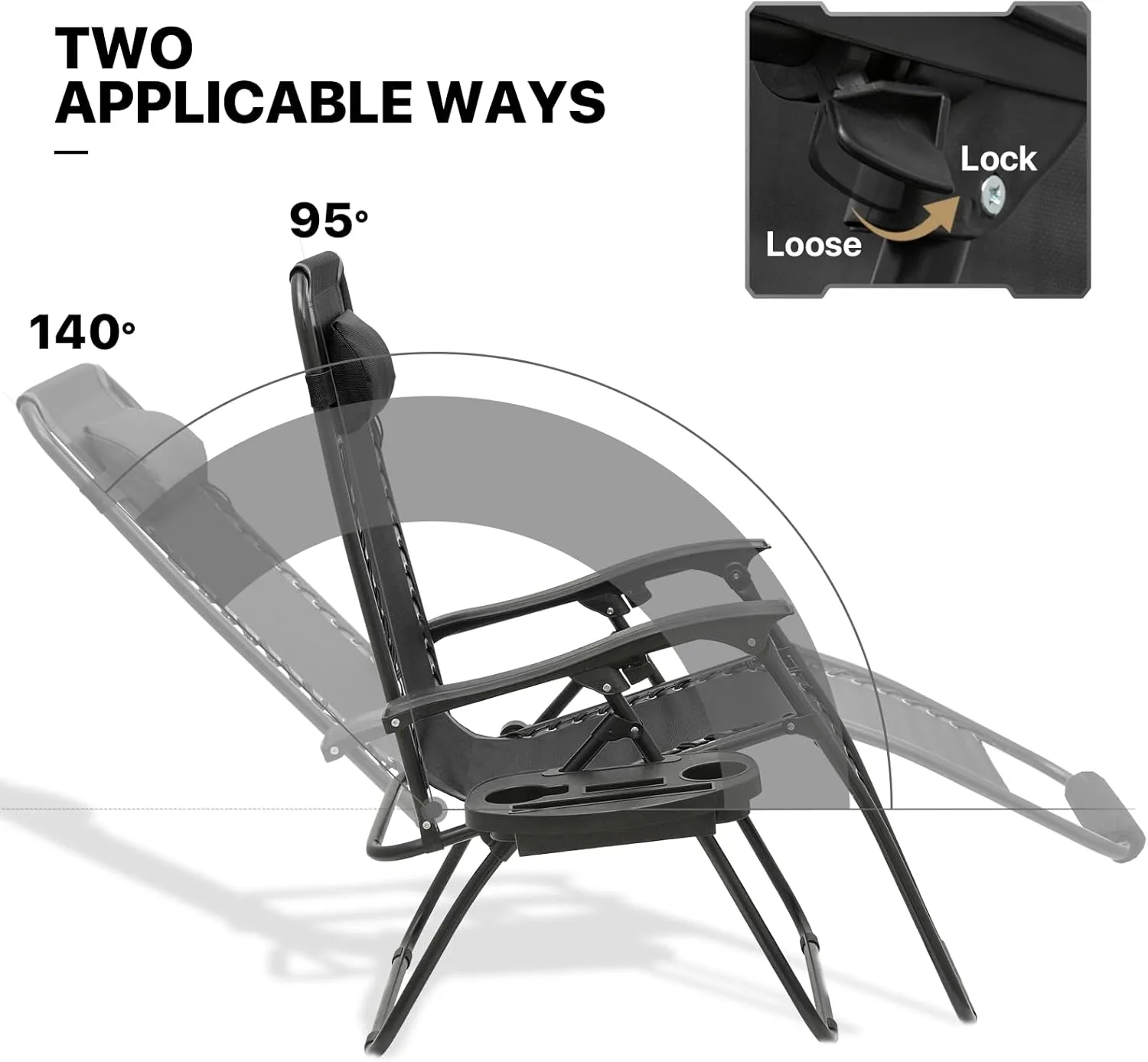 MoNiBloom 25-Inch Zero Gravity Chairs Set of 2, Patio Anti Gravity Recliner, Foldable Outdoor Lounger with Cup Holder Tray, Headrest and Footrest for Beach Camping, Black