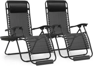 MoNiBloom 25-Inch Zero Gravity Chairs Set of 2, Patio Anti Gravity Recliner, Foldable Outdoor Lounger with Cup Holder Tray, Headrest and Footrest for Beach Camping, Black