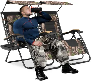 MoNiBloom 29-Inch Oversized Zero Gravity Chairs Set of 2, Patio Anti Gravity Recliner with Canopy Shade, XL Foldable Outdoor Lounger with Cup Holder Tray for Beach Camping, Jungle