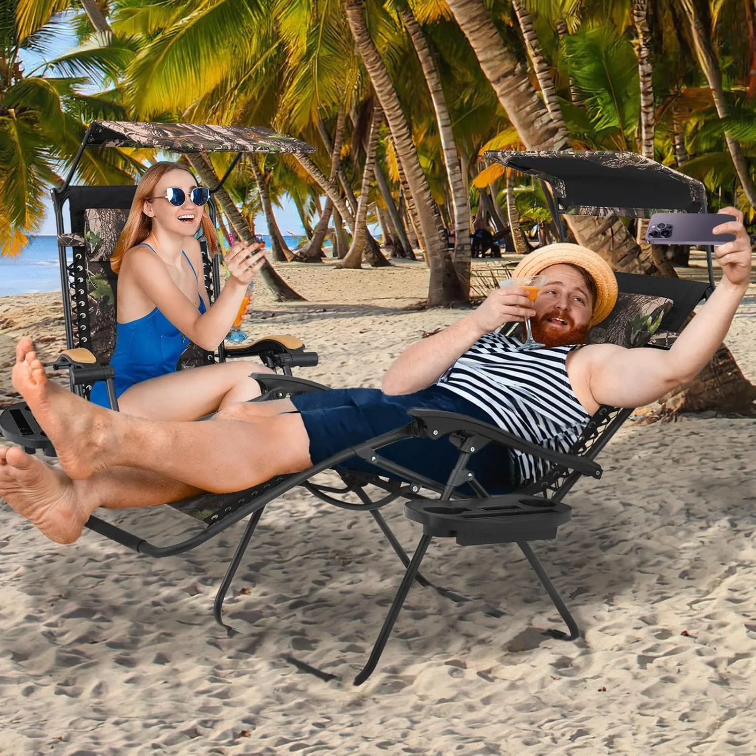 MoNiBloom 29-Inch Oversized Zero Gravity Chairs Set of 2, Patio Anti Gravity Recliner with Canopy Shade, XL Foldable Outdoor Lounger with Cup Holder Tray for Beach Camping, Jungle