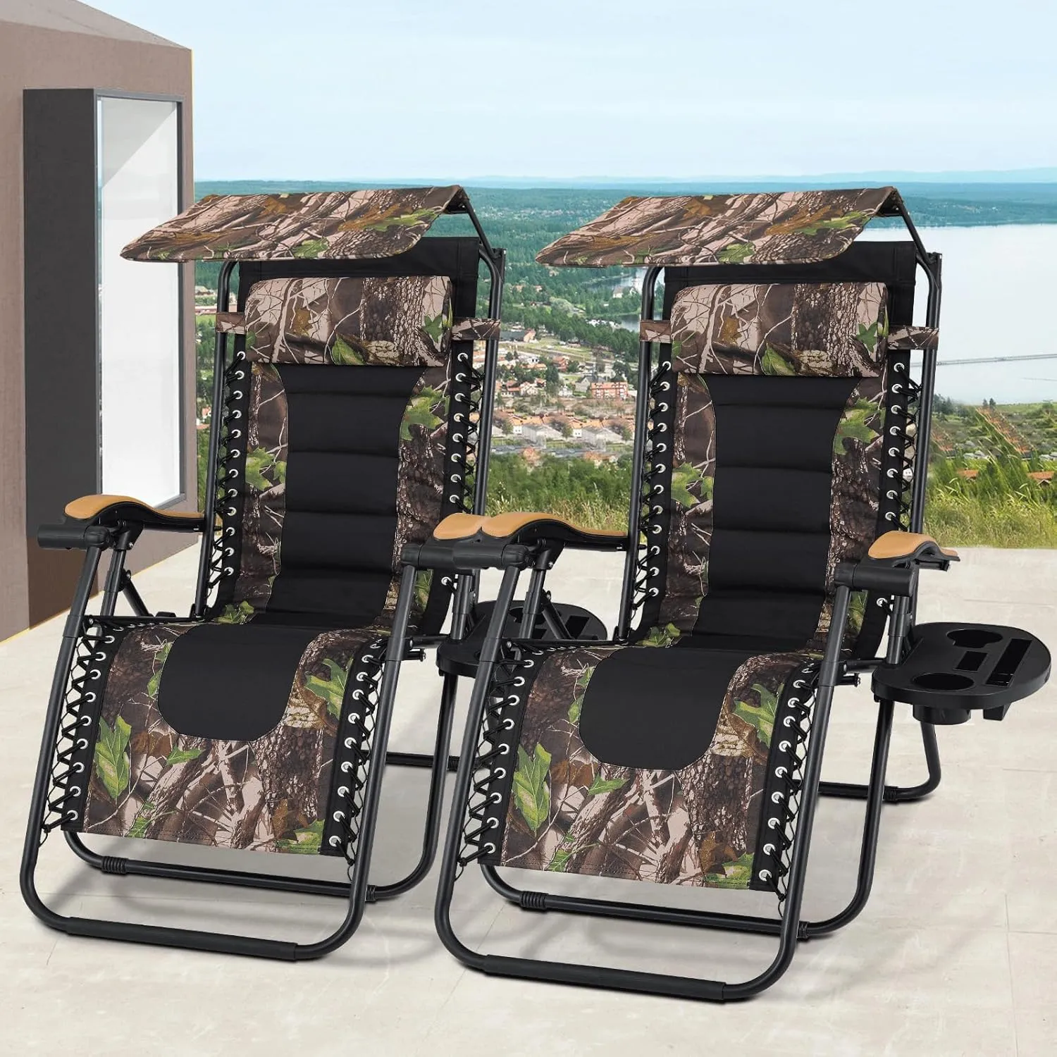 MoNiBloom 29-Inch Oversized Zero Gravity Chairs Set of 2, Patio Anti Gravity Recliner with Canopy Shade, XL Foldable Outdoor Lounger with Cup Holder Tray for Beach Camping, Jungle