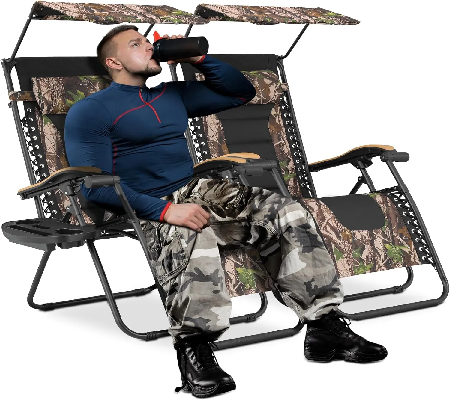 MoNiBloom 29-Inch Oversized Zero Gravity Chairs Set of 2, Patio Anti Gravity Recliner with Canopy Shade, XL Foldable Outdoor Lounger with Cup Holder Tray for Beach Camping, Jungle