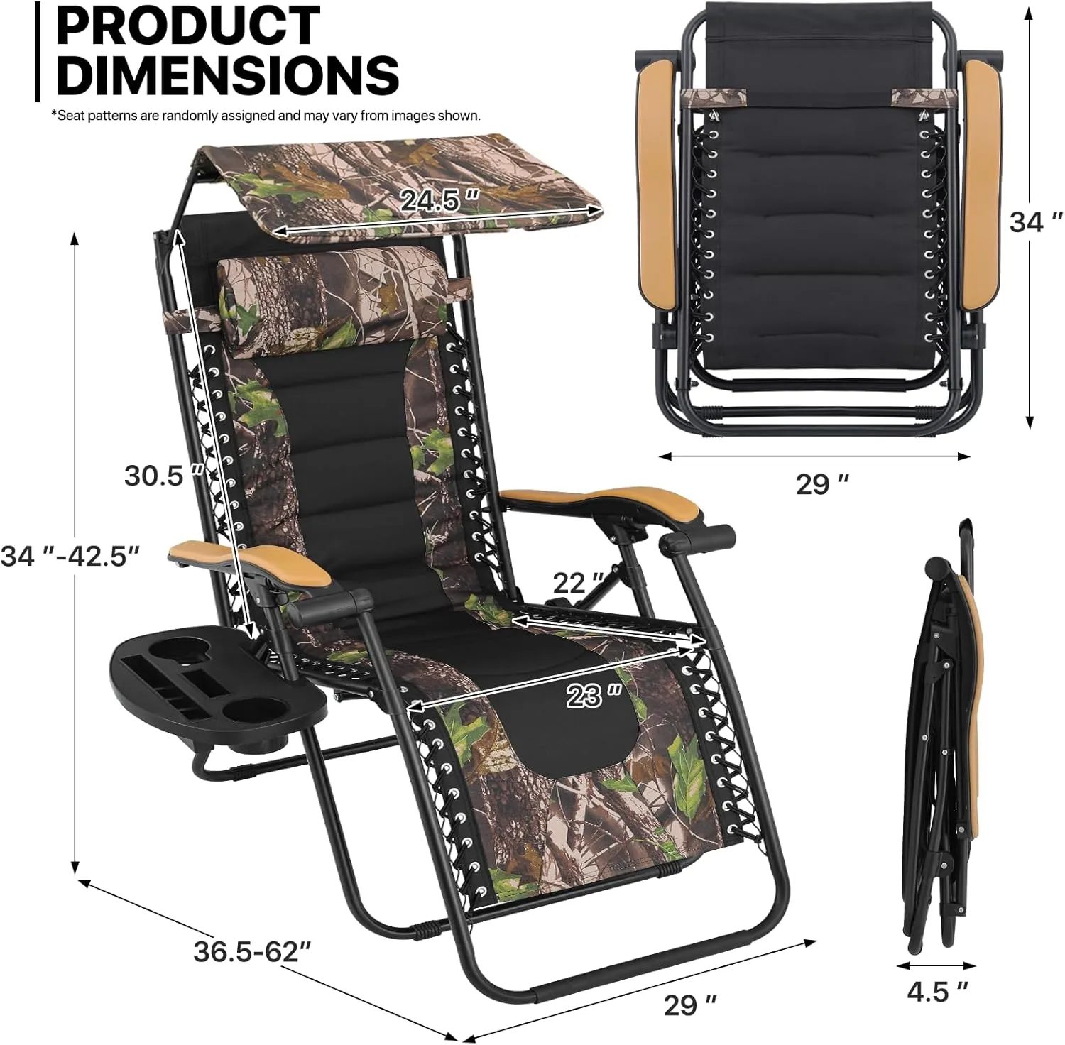 MoNiBloom 29-Inch Oversized Zero Gravity Chairs Set of 2, Patio Anti Gravity Recliner with Canopy Shade, XL Foldable Outdoor Lounger with Cup Holder Tray for Beach Camping, Jungle
