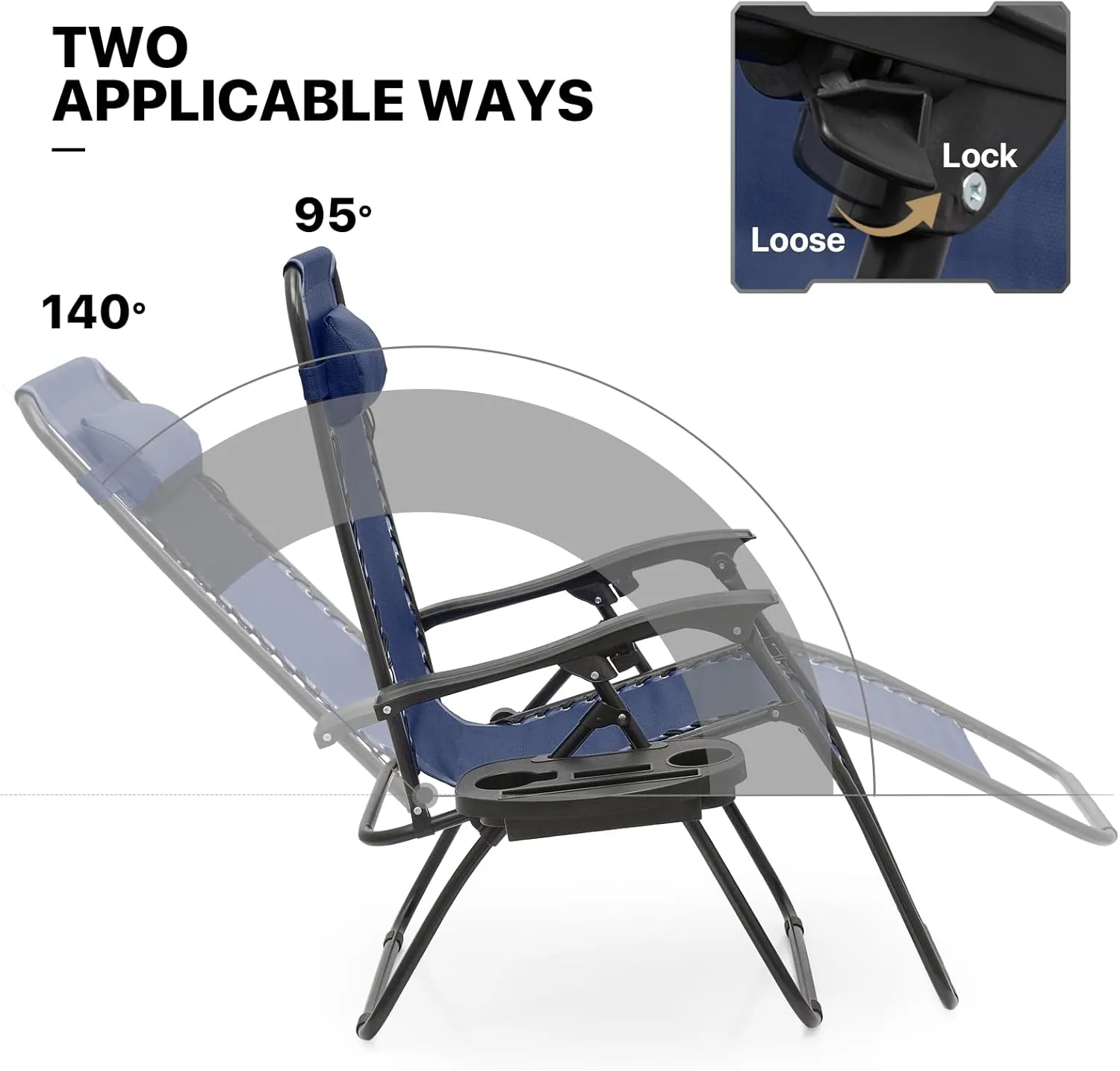 MoNiBloom 29-Inch Oversized Zero Gravity Chairs Set of 2, Patio Anti Gravity Recliner, XL Foldable Outdoor Lounger with Cup Holder Tray and Headrest for Beach Camping, Navy Blue