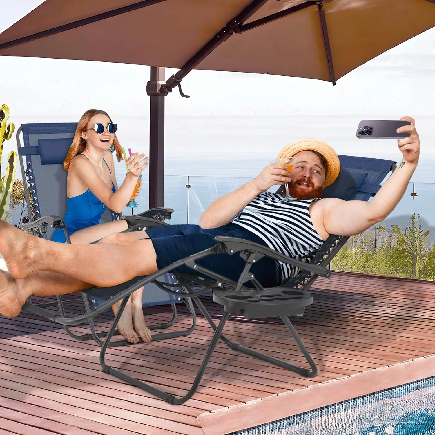 MoNiBloom 29-Inch Oversized Zero Gravity Chairs Set of 2, Patio Anti Gravity Recliner, XL Foldable Outdoor Lounger with Cup Holder Tray and Headrest for Beach Camping, Navy Blue