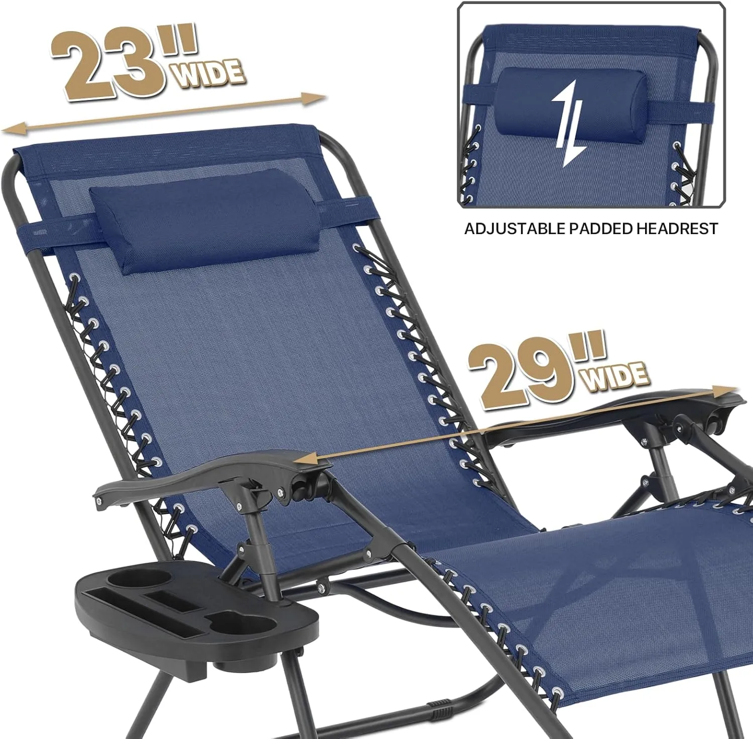 MoNiBloom 29-Inch Oversized Zero Gravity Chairs Set of 2, Patio Anti Gravity Recliner, XL Foldable Outdoor Lounger with Cup Holder Tray and Headrest for Beach Camping, Navy Blue