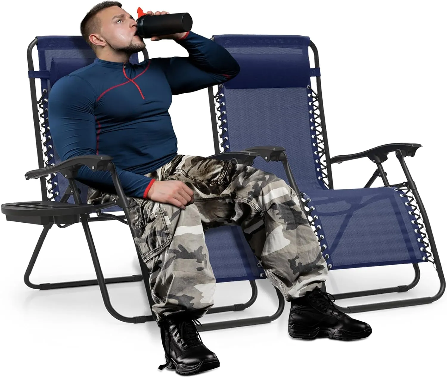MoNiBloom 29-Inch Oversized Zero Gravity Chairs Set of 2, Patio Anti Gravity Recliner, XL Foldable Outdoor Lounger with Cup Holder Tray and Headrest for Beach Camping, Navy Blue