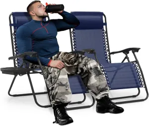MoNiBloom 29-Inch Oversized Zero Gravity Chairs Set of 2, Patio Anti Gravity Recliner, XL Foldable Outdoor Lounger with Cup Holder Tray and Headrest for Beach Camping, Navy Blue