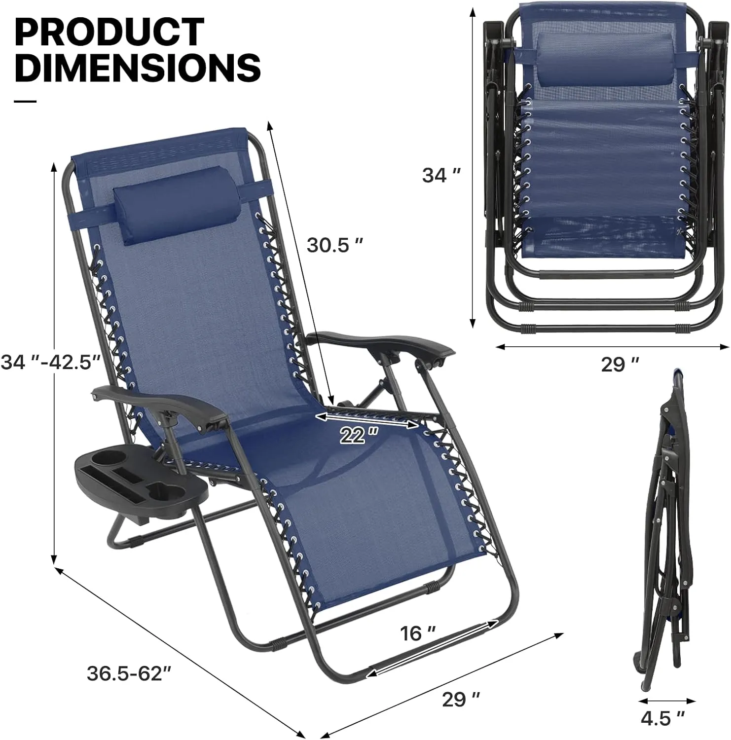 MoNiBloom 29-Inch Oversized Zero Gravity Chairs Set of 2, Patio Anti Gravity Recliner, XL Foldable Outdoor Lounger with Cup Holder Tray and Headrest for Beach Camping, Navy Blue