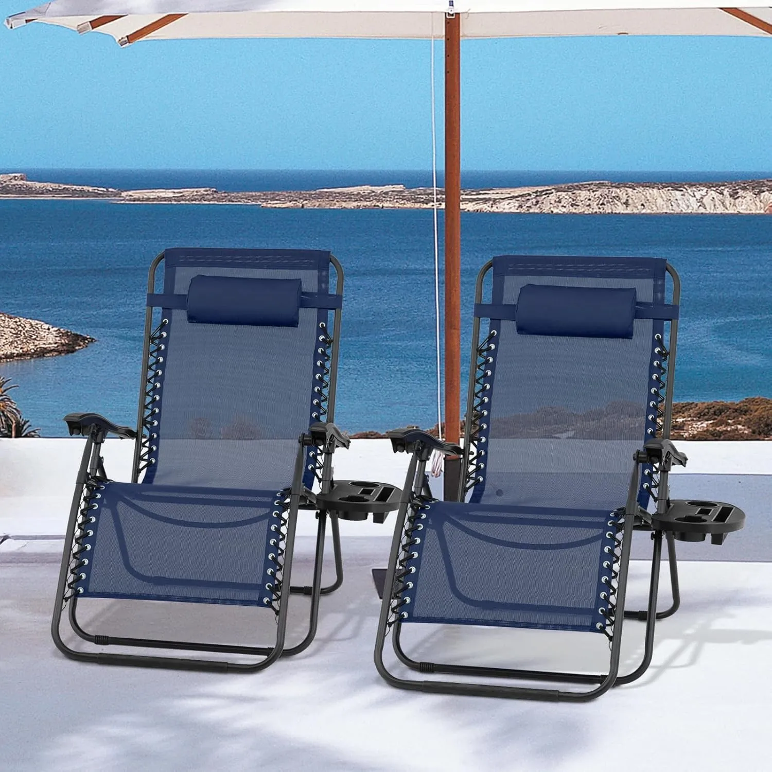 MoNiBloom 29-Inch Oversized Zero Gravity Chairs Set of 2, Patio Anti Gravity Recliner, XL Foldable Outdoor Lounger with Cup Holder Tray and Headrest for Beach Camping, Navy Blue