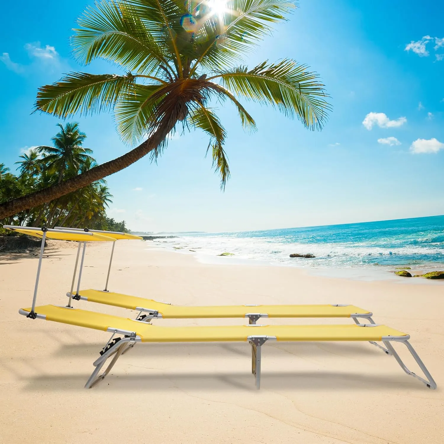 MoNiBloom Folding Beach Chaise Lounge Chair with Canopy Shade Foldable Heavy-Duty Sunbathing Chair for Adults Outdoor Patio Pool Sun Tanning Camping Outside Poolside Reclining Lounger (Lemon Yellow)
