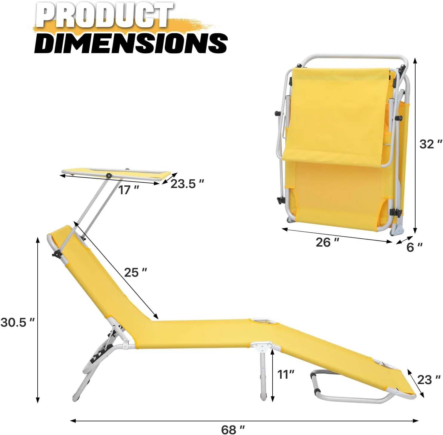 MoNiBloom Folding Beach Chaise Lounge Chair with Canopy Shade Foldable Heavy-Duty Sunbathing Chair for Adults Outdoor Patio Pool Sun Tanning Camping Outside Poolside Reclining Lounger (Lemon Yellow)