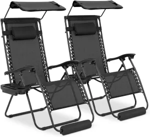 MoNiBloom Zero Gravity Chairs Set of 2, Patio Anti Gravity Recliner with Canopy Shade, Foldable Outdoor Lounger with Cup Holder Tray, Headrest and Footrest for Beach Camping, Black