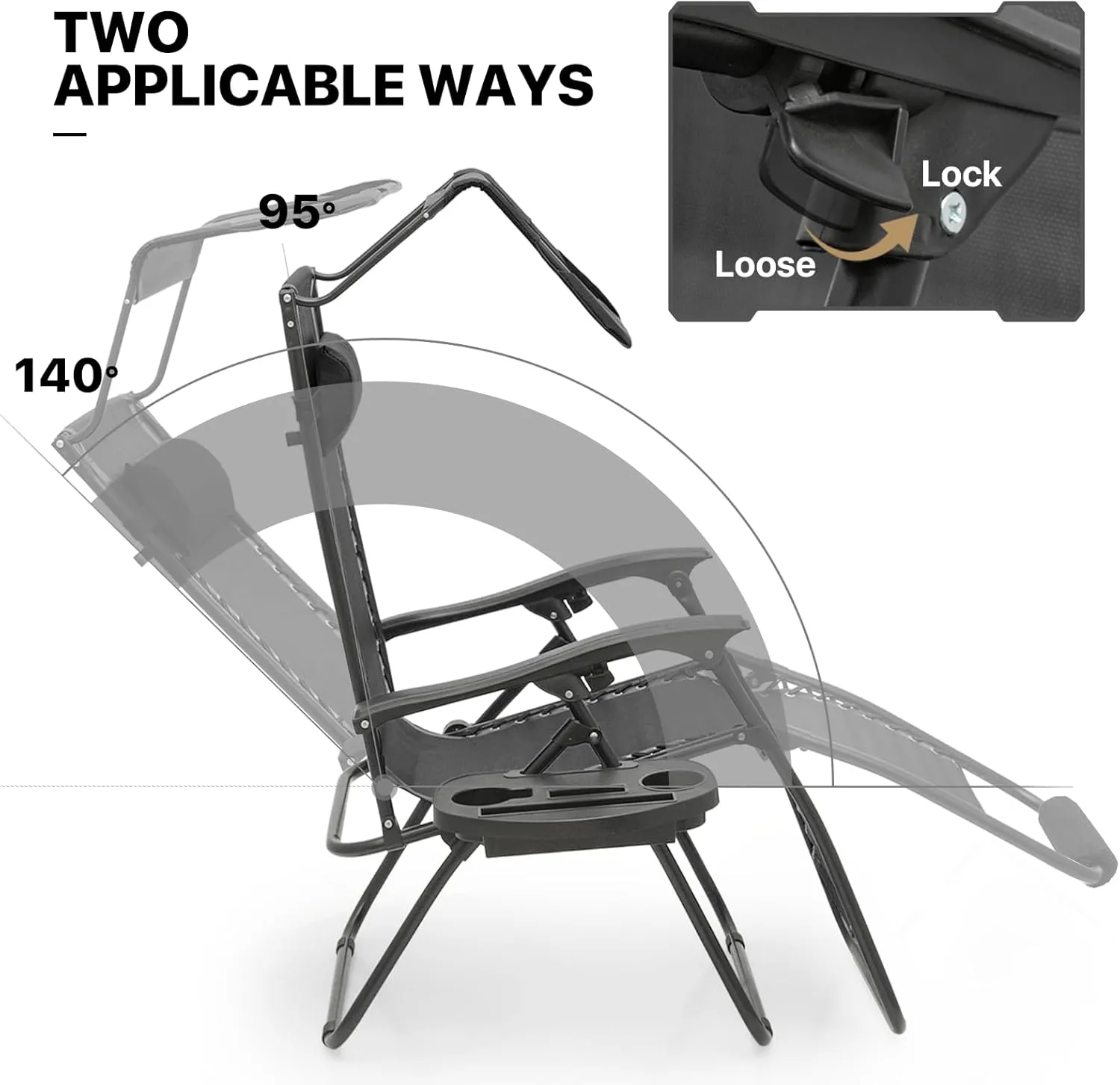 MoNiBloom Zero Gravity Chairs Set of 2, Patio Anti Gravity Recliner with Canopy Shade, Foldable Outdoor Lounger with Cup Holder Tray, Headrest and Footrest for Beach Camping, Black
