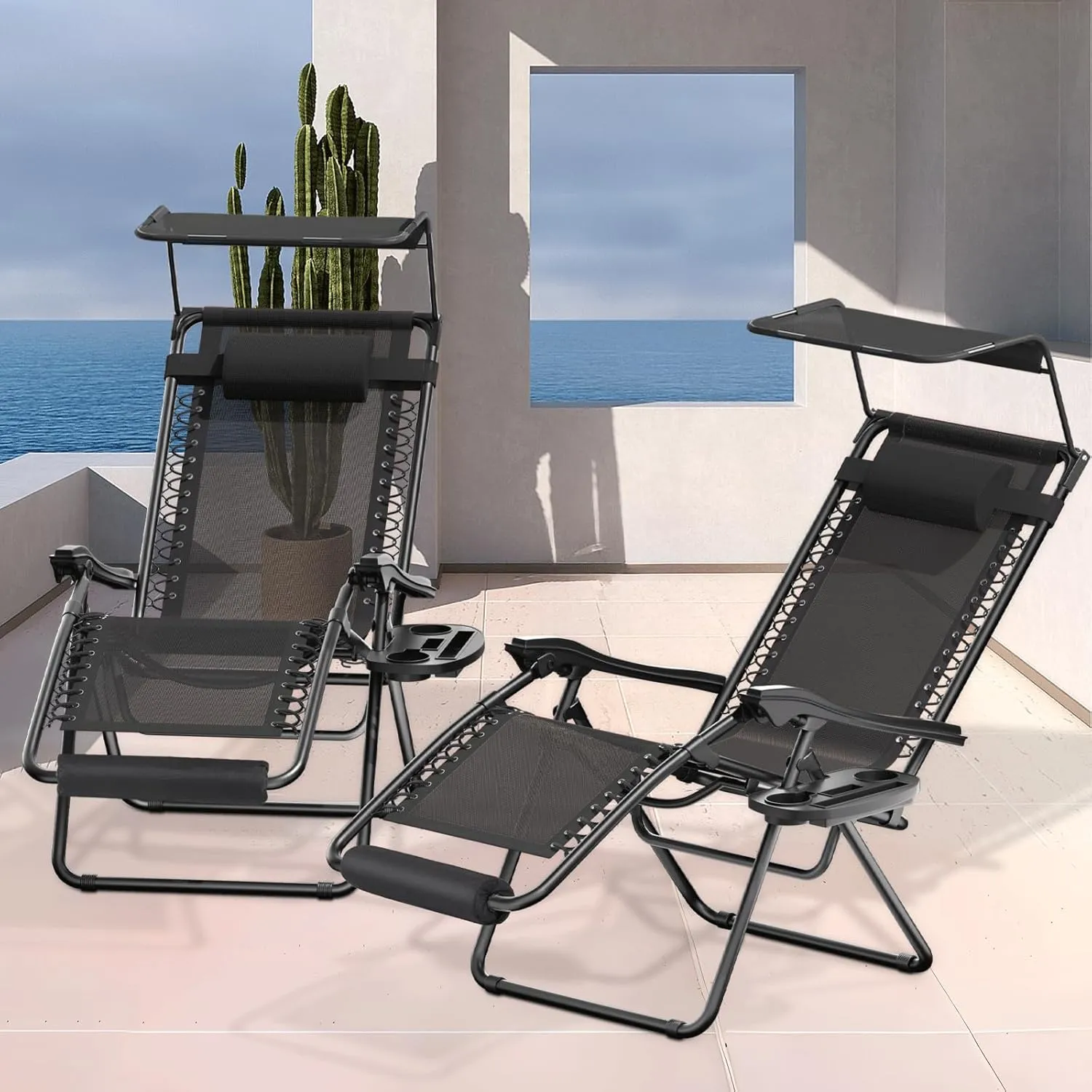 MoNiBloom Zero Gravity Chairs Set of 2, Patio Anti Gravity Recliner with Canopy Shade, Foldable Outdoor Lounger with Cup Holder Tray, Headrest and Footrest for Beach Camping, Black