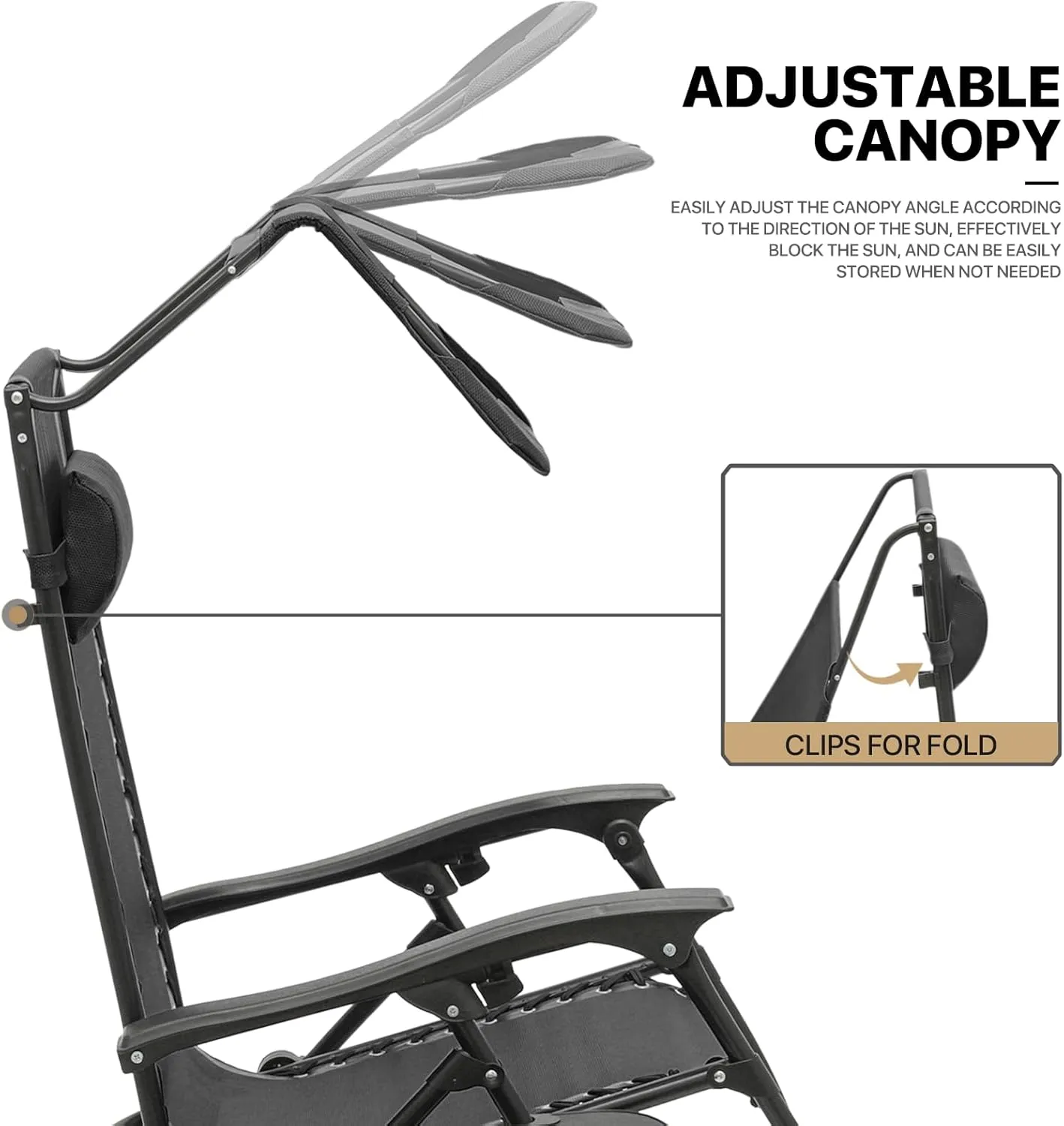 MoNiBloom Zero Gravity Chairs Set of 2, Patio Anti Gravity Recliner with Canopy Shade, Foldable Outdoor Lounger with Cup Holder Tray, Headrest and Footrest for Beach Camping, Black