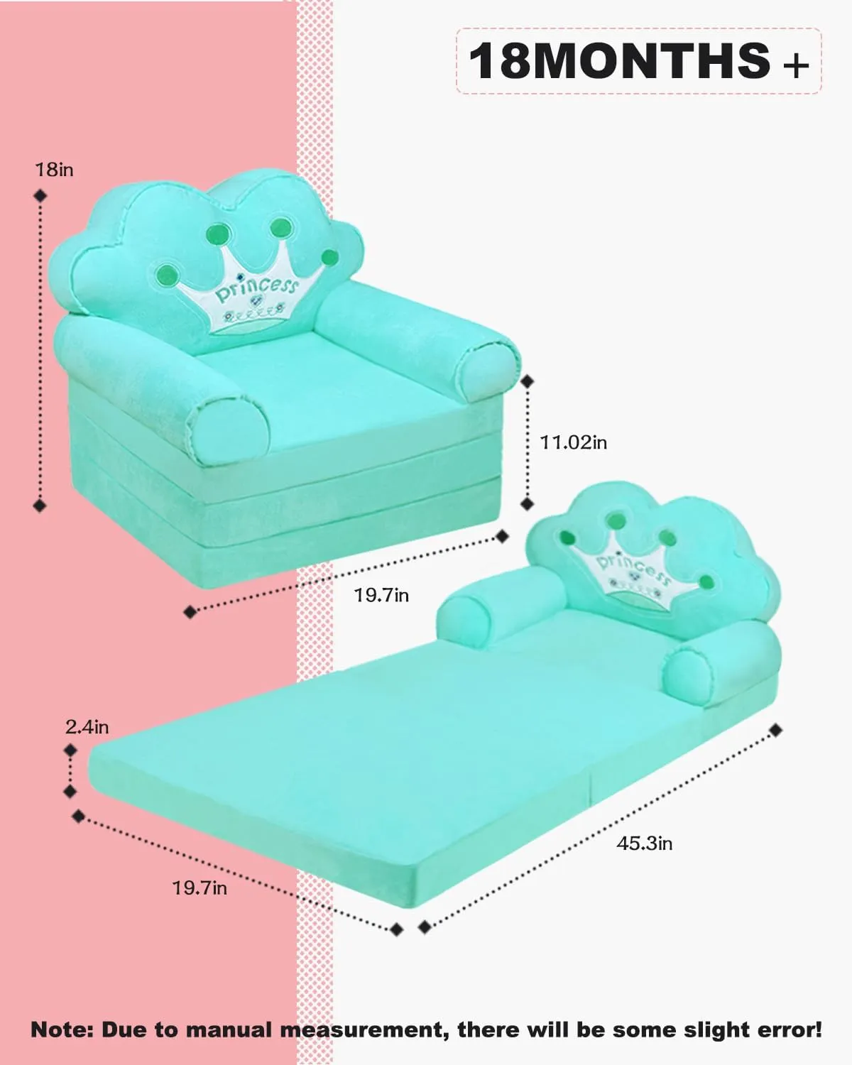 MOONBEEKI Kids Fold Out Couch, Foldable Princess Chair for Toddlers 1-3, Sofa Bed for Kids Folding Toddler Lounger Chair for Bedroom