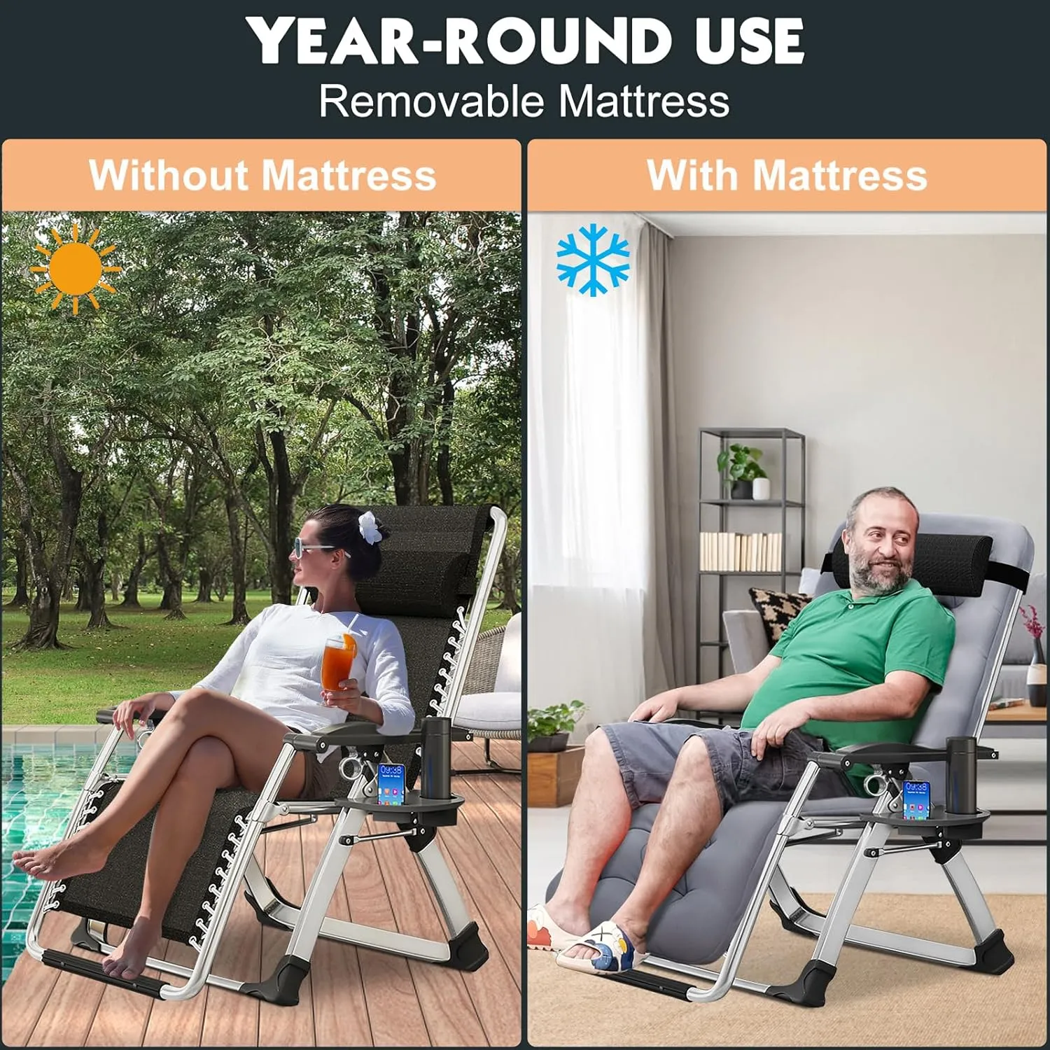 MOPHOTO Comfy Folding Chair for Living Room, Foldable Recliner Chair Lounge Chairs with Mattress for Indoor Outdoor, Leisure Chair Adjustable Reclining Chairs for Adults