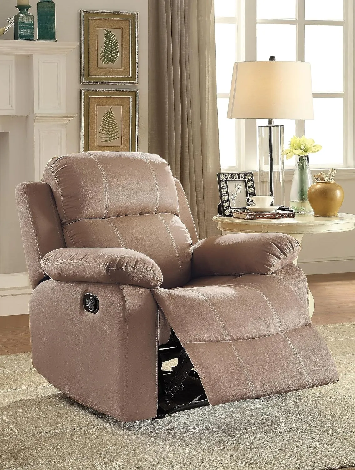 Motion Reclining Chair with External Latch Handle and Pillow Top Armrests, Exceptional Comfort, Brown