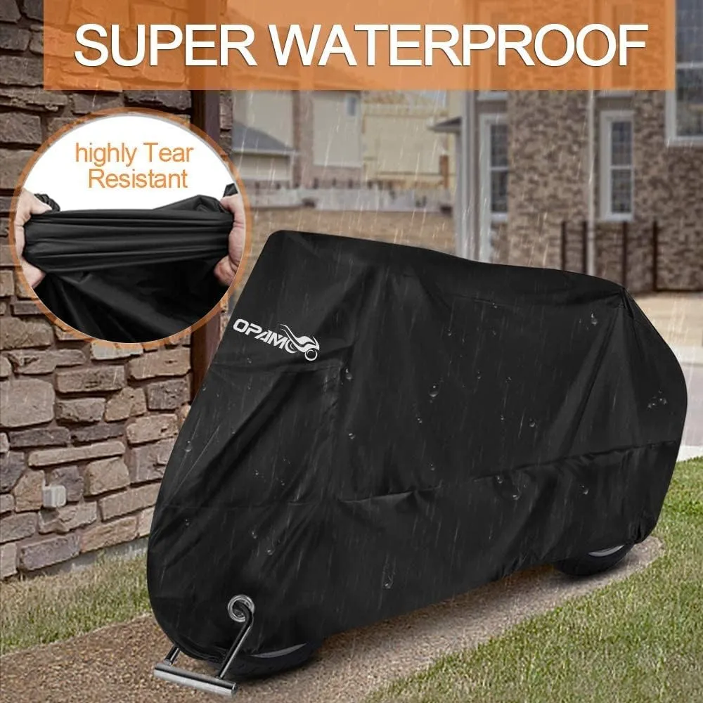 Motorcycle Scooter Cover Waterproof Outdoor - Large Medium XL 250cc 150cc 50cc Scooter Shelter for Harleys All Weather Motorbike Protection with Lock Holes Tear-Proof Heavy-Duty (Black)