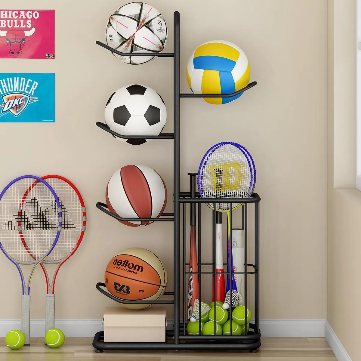 Multi-Function Sports Equipment Storage Racks - Adjustable and Durable Solutions for Organizing Balls, Toys, and Gear Indoors, in Garages, or Outdoors (5-tier-black-with Basket)