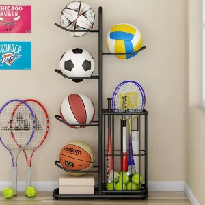 Multi-Function Sports Equipment Storage Racks - Adjustable and Durable Solutions for Organizing Balls, Toys, and Gear Indoors, in Garages, or Outdoors (5-tier-black-with Basket)