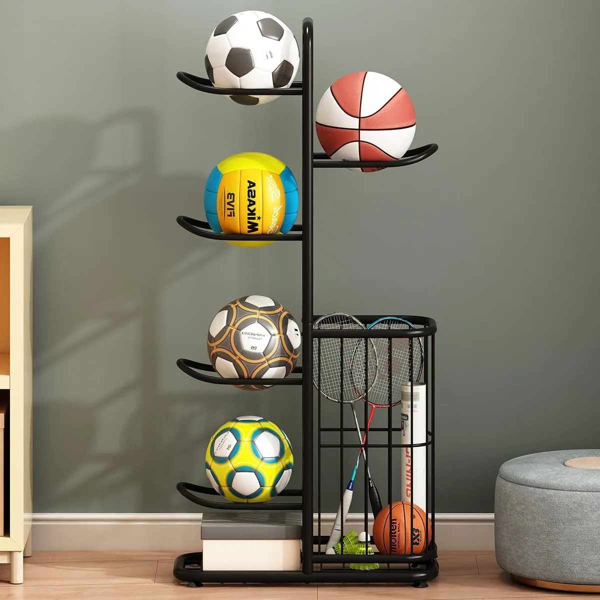 Multi-Function Sports Equipment Storage Racks - Adjustable and Durable Solutions for Organizing Balls, Toys, and Gear Indoors, in Garages, or Outdoors (5-tier-black-with Basket)